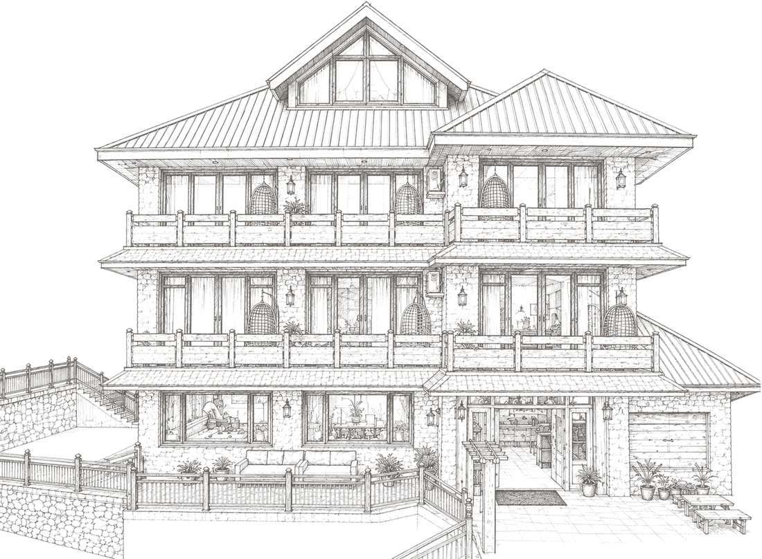Architectural line drawing of the Ark Hunzuru villa