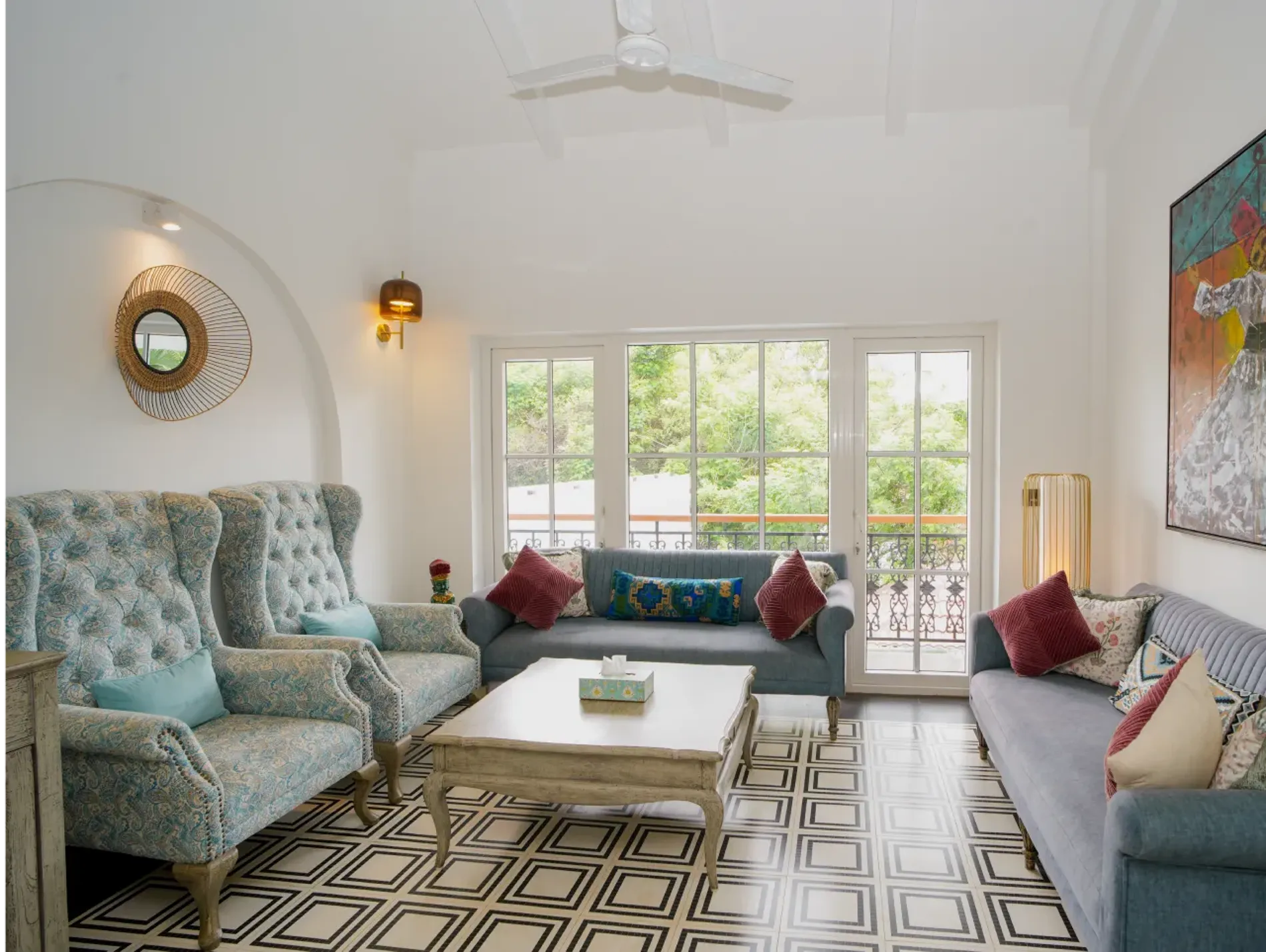 Living room with patterned wing chairs