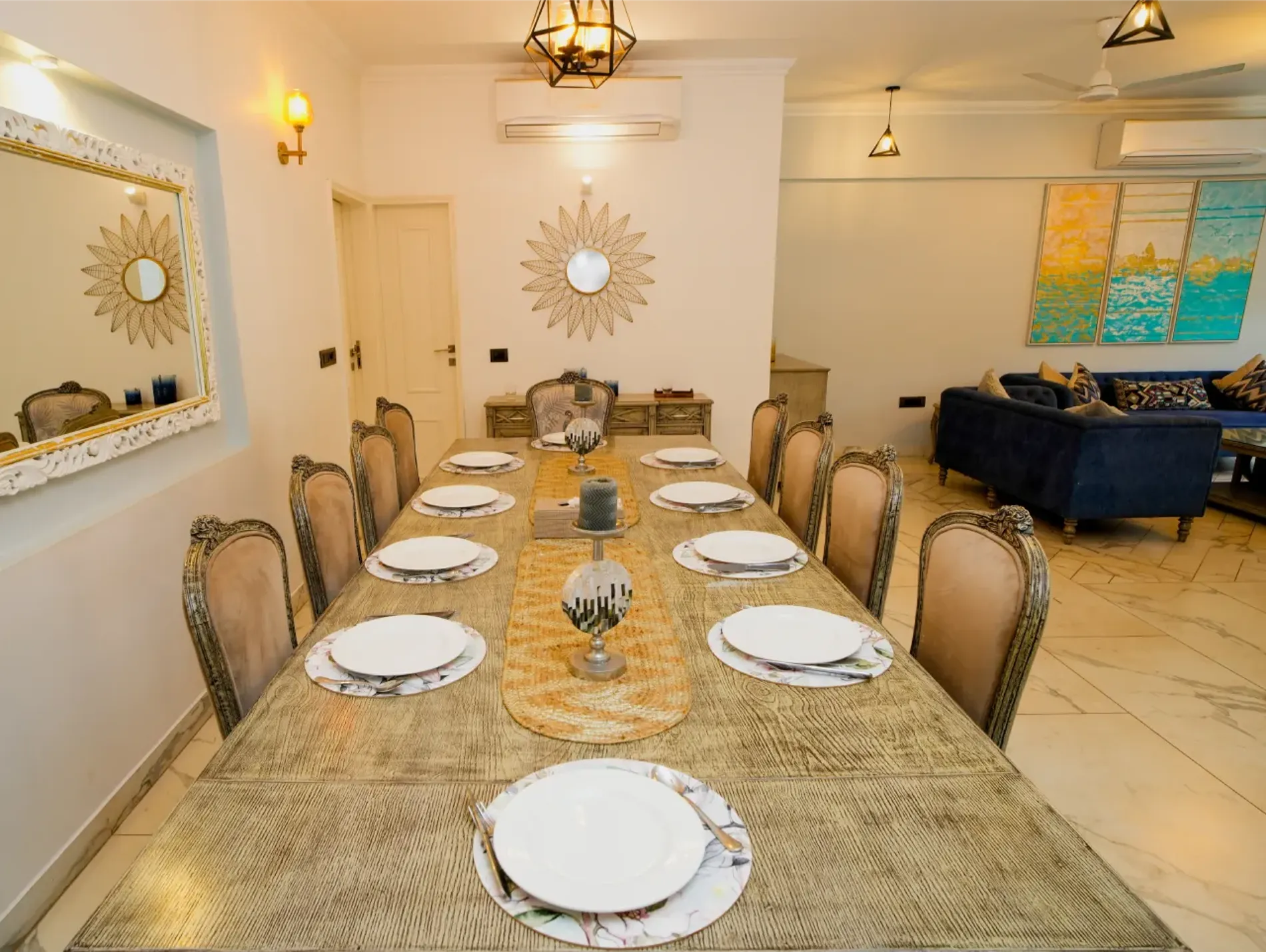 A ten-seater dining table set for lunch